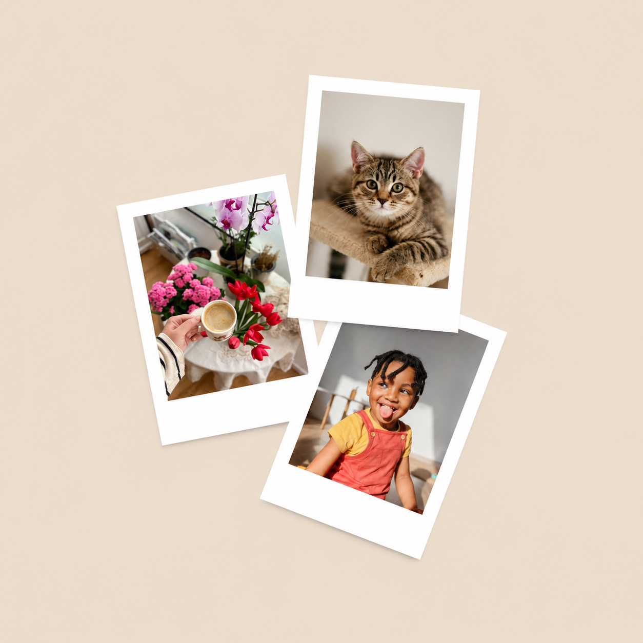 Três Polaroides sobre fundo bege
